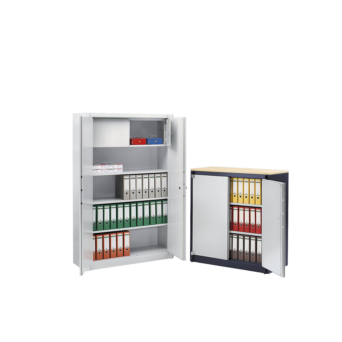 Certos fire protection cupboard, height 1950 mm, compliant with DIN 4102, with lockable compartment, W 1200 mm, black grey/light grey.