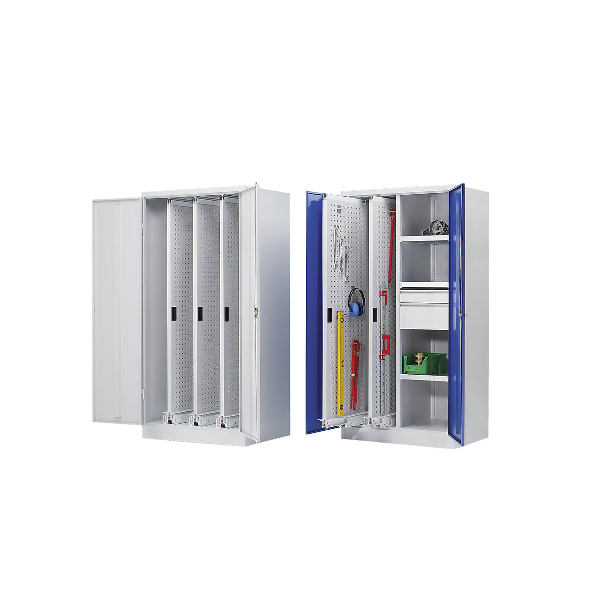 Vertical pull-out cupboard, with 2 drawers and 3 shelves, light grey / gentian blue.
