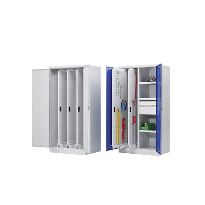 Vertical pull-out cupboard, with 2 drawers and 3 shelves, light grey / gentian blue.