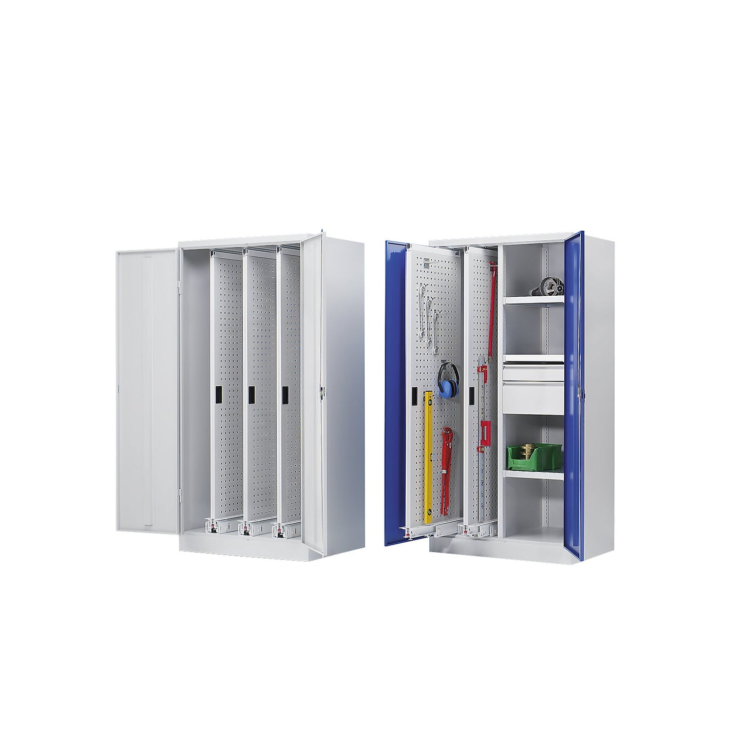 Vertical pull-out cupboard, with 4 drawers, light grey / gentian blue.