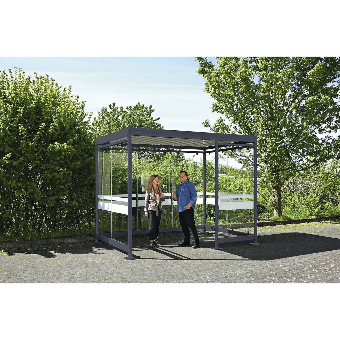 Canopy Köln with steel roof, 8 glass units, open to the left, complete kit, charcoal RAL 7016.