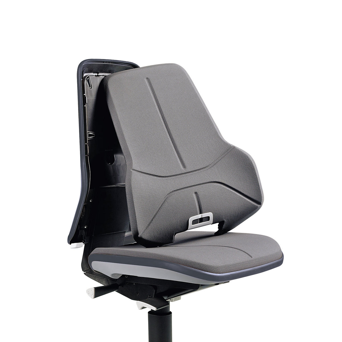 NEON industrial swivel chair, floor glides, step-up, permanent contact mechanism, Supertec, green bumper.