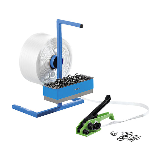 Strapping set, woven reinforced PET strapping, tensioning tool, portable strap dispenser, metal buckles, strap, strap width 19 mm.