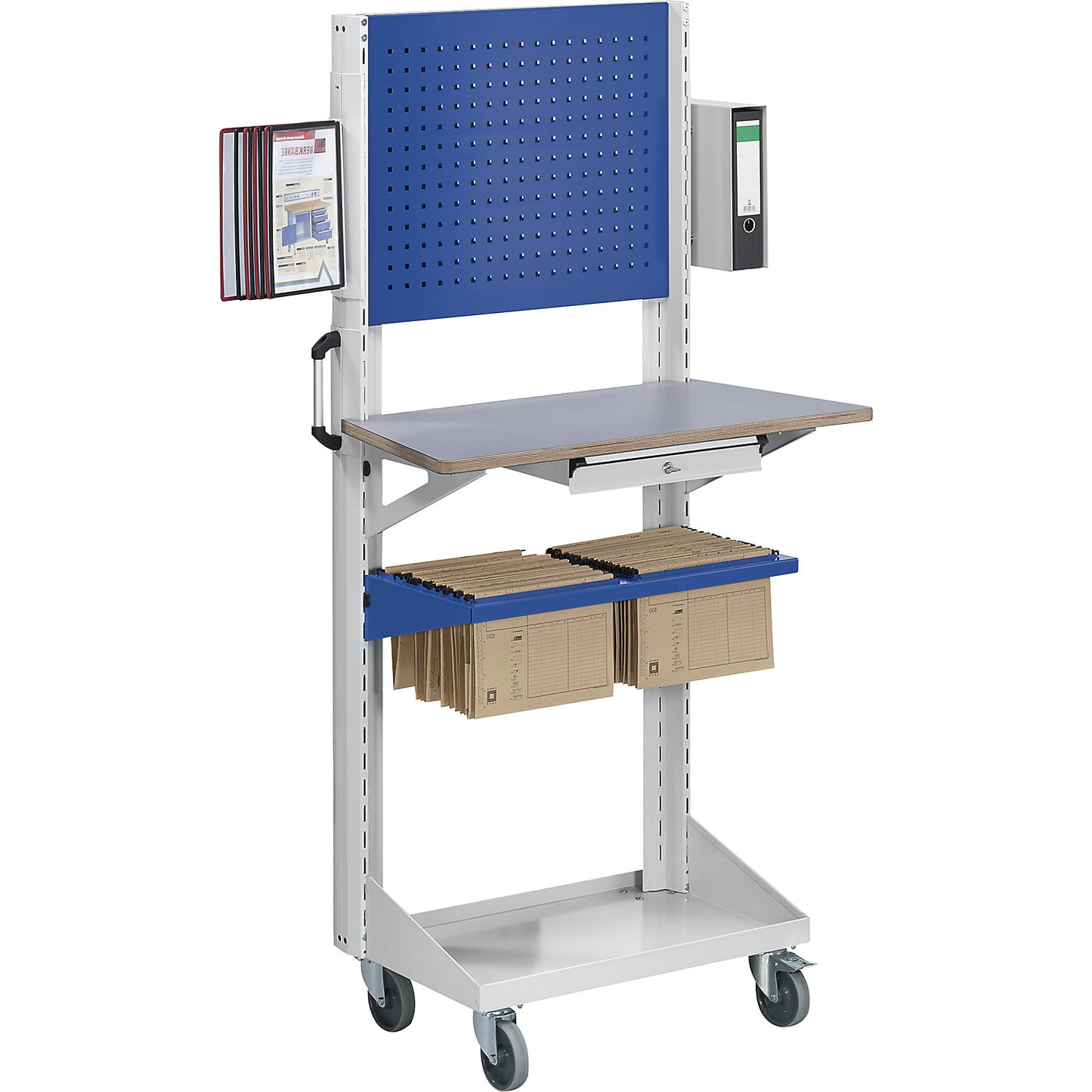 Tool and assembly trolley, with perforated panel, worktop, cupboard, blue.