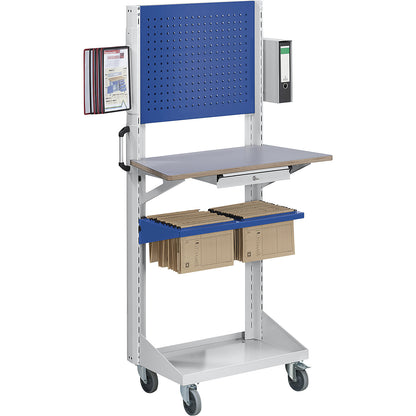 Tool and assembly trolley, with perforated panel, worktop, cupboard, blue.