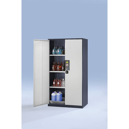 Laboratory chemical storage cupboard, 2 door, tall, 3 shelves, without vision panel, grey.