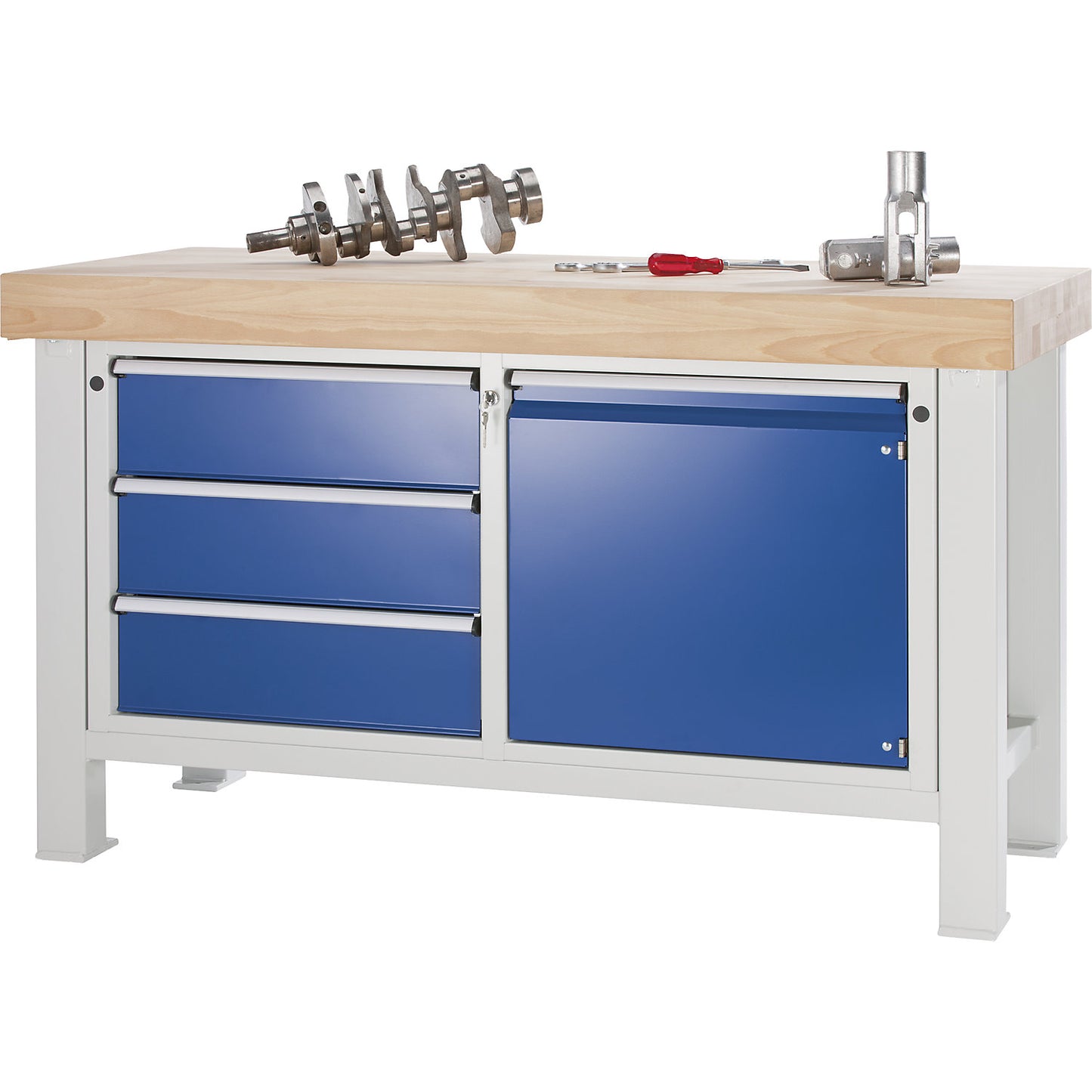Heavy duty workbench, worktop width 1500 mm, with 3 drawers and 1 hinged door, worktop thickness 50 mm.