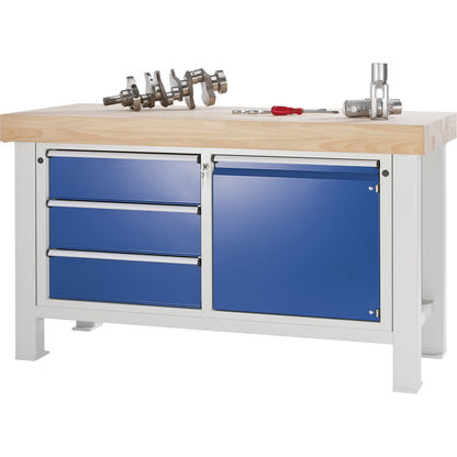 Heavy duty workbench, worktop width 1500 mm, with 3 drawers and 1 hinged door, worktop thickness 50 mm.