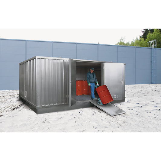 Hazardous goods storage container for water hazardous media, cold-insulated, external HxWxD 2585 x 5075 x 6300 mm, zinc plated.