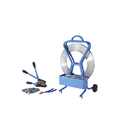 Strapping set, steel strapping, tensioning and sealing tool, cutter, strap dispenser, strap, seals, strapping width 16 mm.