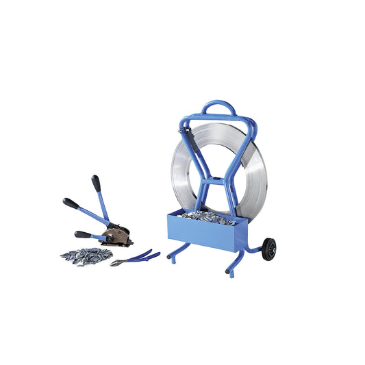 Strapping set, steel strapping, tensioning and sealing tool, cutter, strap dispenser, strap, seals, strapping width 16 mm.