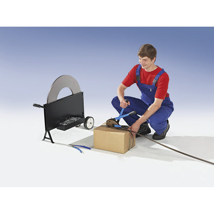 Strapping set, steel strapping, tensioning and sealing tool, cutter, mobile strap dispenser, strap, seals, strapping width 16 mm.
