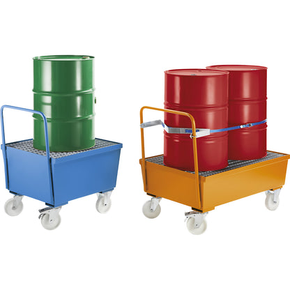 Mobile steel sump tray with edge profiles, for 200 l drum, 1 x upright, LxWxH 870 x 800 x 1110 mm, hot dip galvanised.