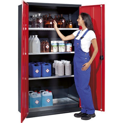 Chemical storage cupboard, solid door, 3 shelves, traffic red.