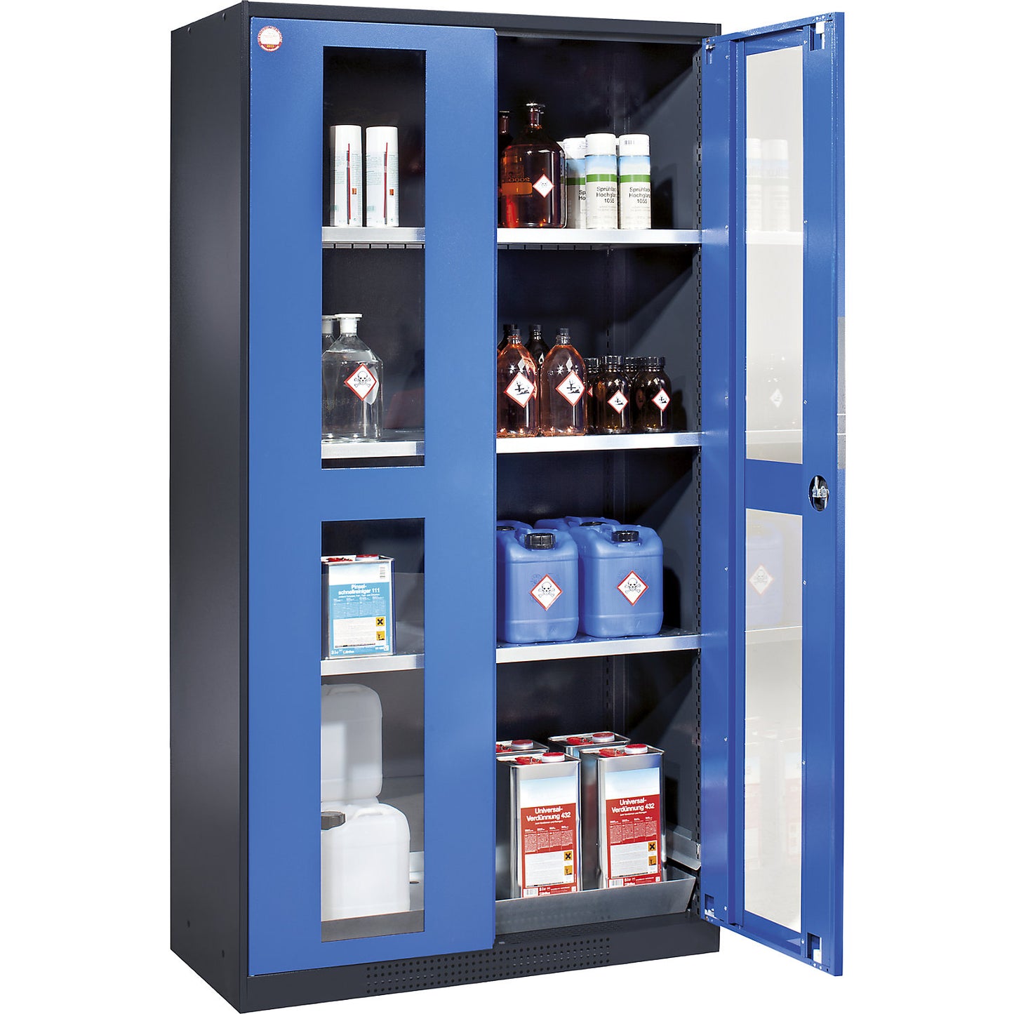 Chemical storage cupboard, door with vision panels, 3 shelves, gentian blue.