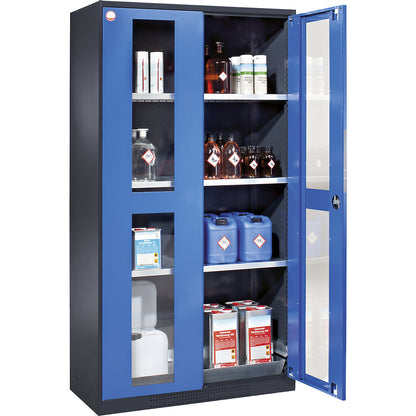 Chemical storage cupboard, door with vision panels, 3 shelves, gentian blue.