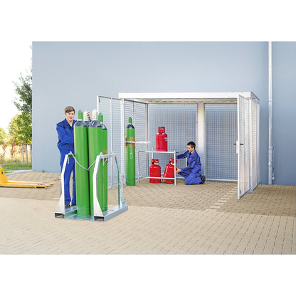 Mesh gas cylinder cage, with roof and double hinged doors, WxD 3560 x 2810 mm.