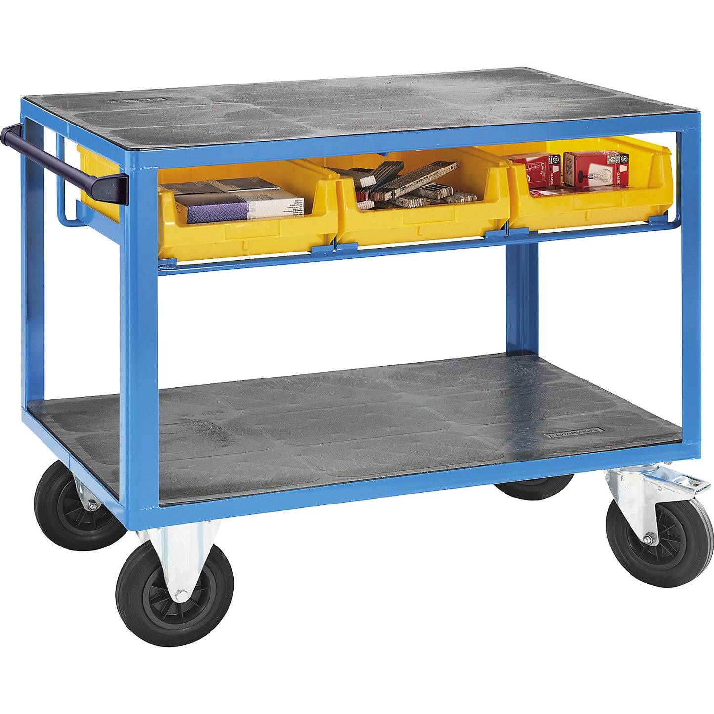 Assembly trolley, max. load 500 kg, with 3 PE bins as drawers, LxWxH 1130 x 700 x 895 mm.