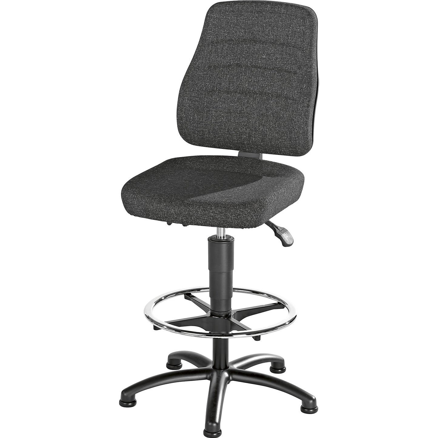 Industrial swivel chair, fabric cover, with floor glides and foot ring.