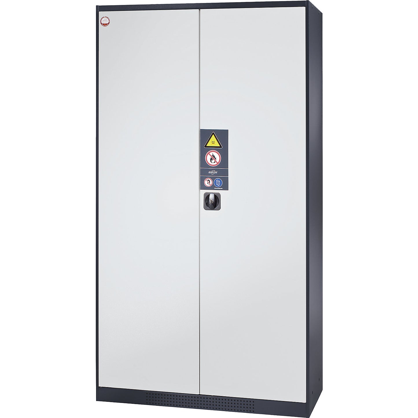Chemical storage cupboard, solid door, with type 30 hazardous goods storage box, light grey.