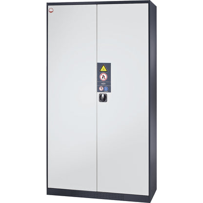 Chemical storage cupboard, solid door, with type 30 hazardous goods storage box, light grey.