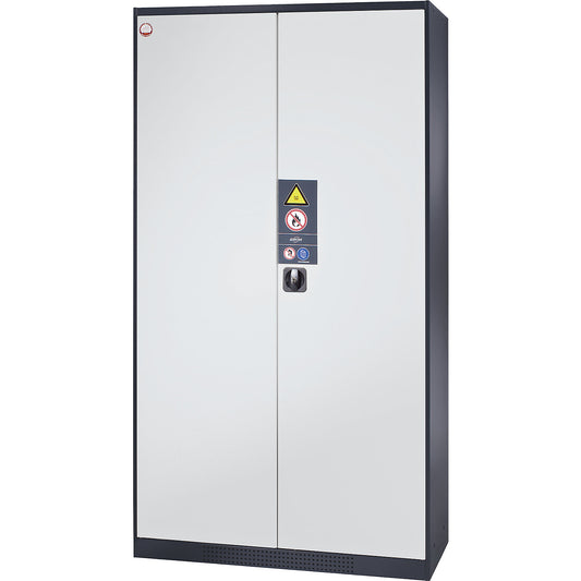 Chemical storage cupboard, solid door, with type 30 hazardous goods storage box, light grey.