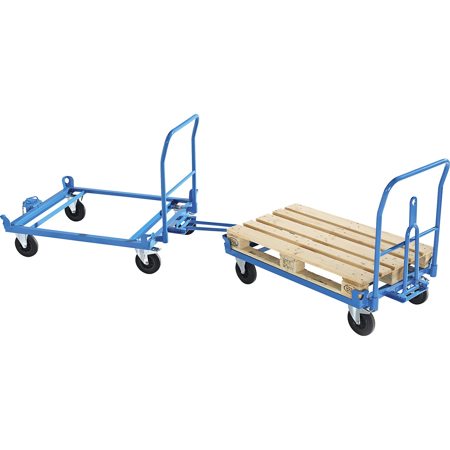 Dolly with drawbar and coupling, max. load 500 kg, platform width 1010 mm.