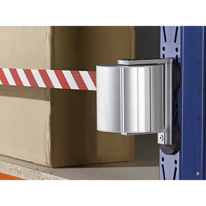 Tape belt cartridge made of aluminium, magnetic, incl. belt end piece, red / white belt.