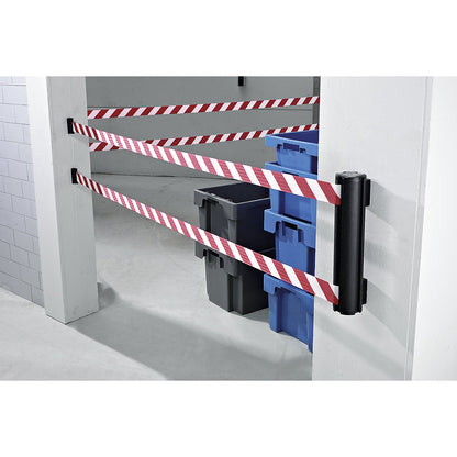 DOUBLE tape belt barrier made of aluminium, belt extends to max. 2300 mm, red / white belt.
