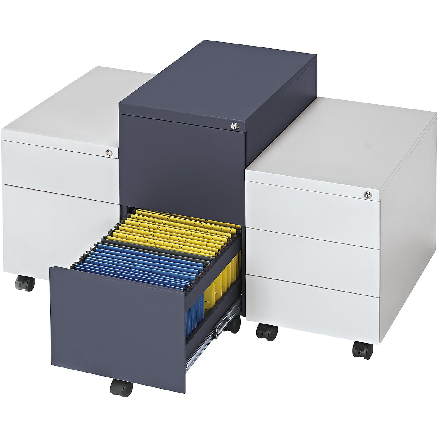 Mobile pedestal, steel, 1 pen tray, 1 drawer, 1 suspension file drawer, depth 590 mm, basalt grey.