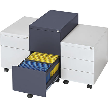 Mobile pedestal, steel, 1 pen tray, 1 drawer, 1 suspension file drawer, depth 590 mm, basalt grey.