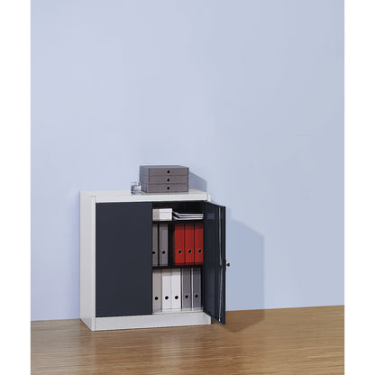 Steel cupboard with hinged doors, 2 shelves, height 1016 mm, white aluminium / charcoal.