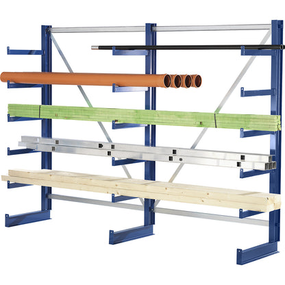 Cantilever racking unit with identical cantilever arm length, shelf unit length 2700 mm, single sided, gentian blue.