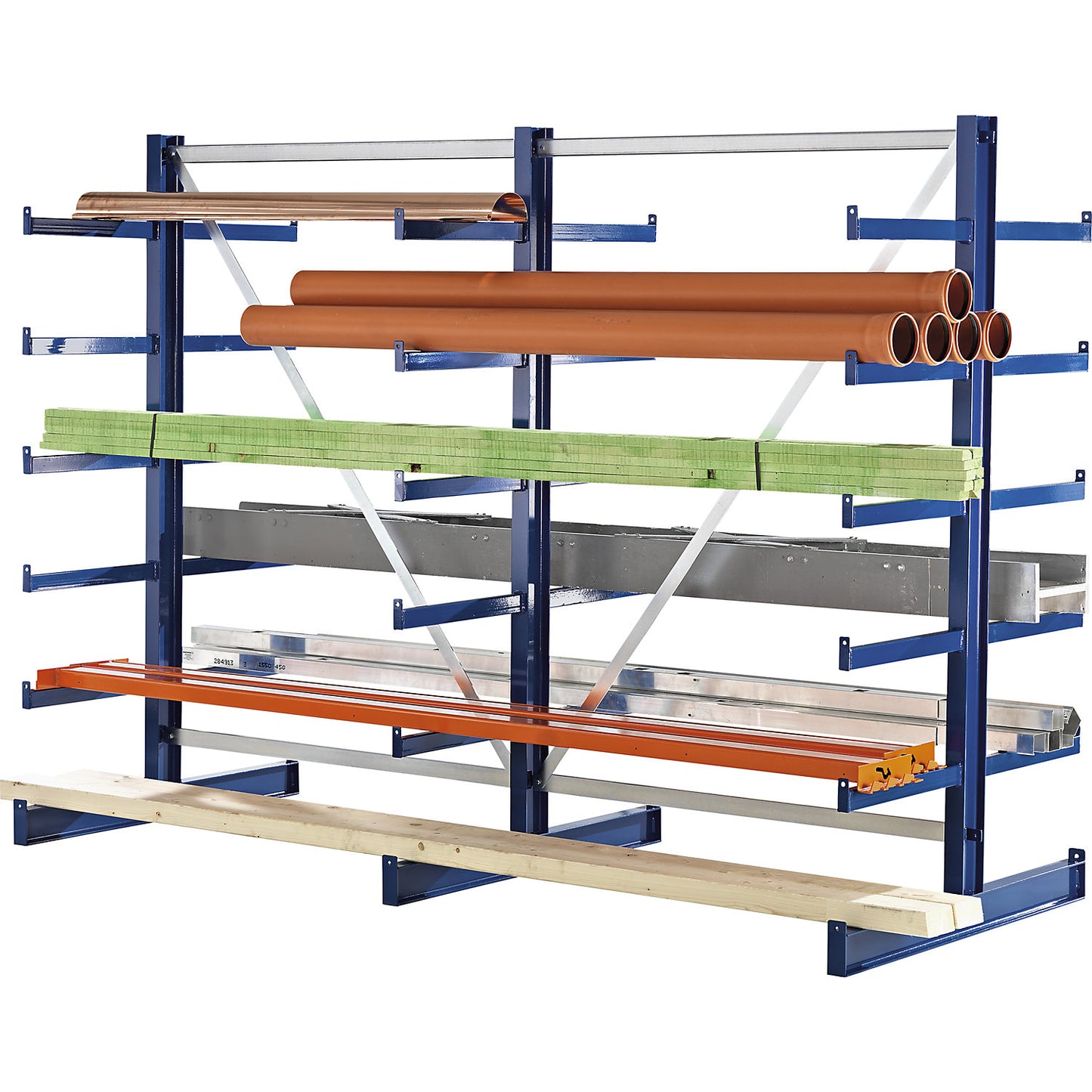 Cantilever racking unit with identical cantilever arm length, shelf unit length 2700 mm, double sided, gentian blue.