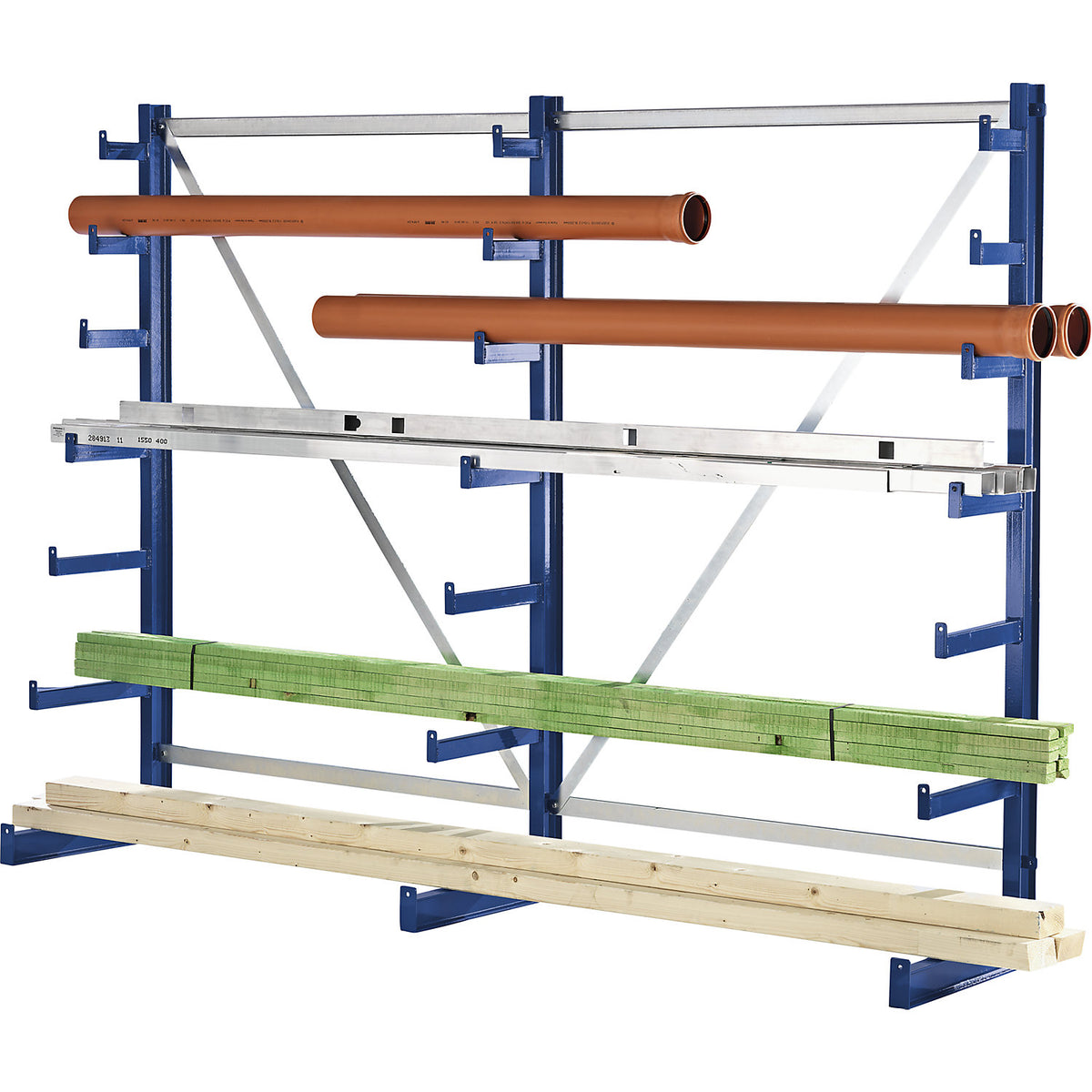 Cantilever racking unit with cantilever arms which taper towards the top, shelf unit length 2700 mm, single sided, gentian blue.