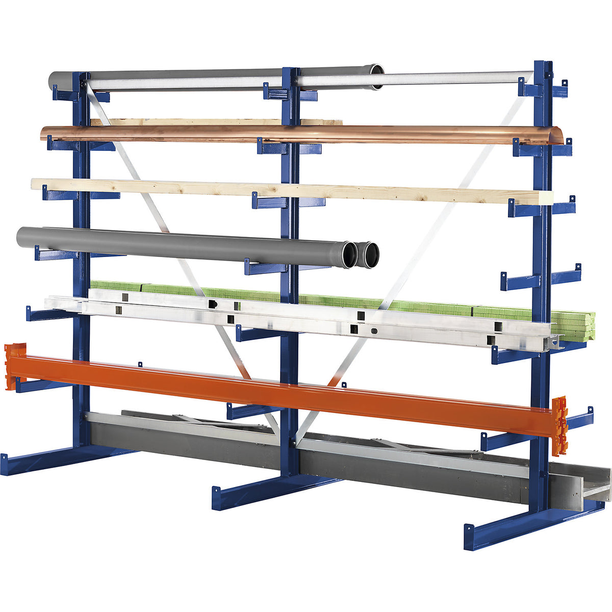Cantilever racking unit with cantilever arms which taper towards the top, shelf unit length 2700 mm, double sided, gentian blue.