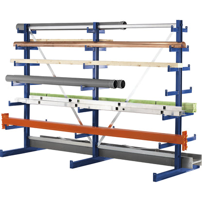 Cantilever racking unit with cantilever arms which taper towards the top, shelf unit length 2700 mm, double sided, gentian blue.