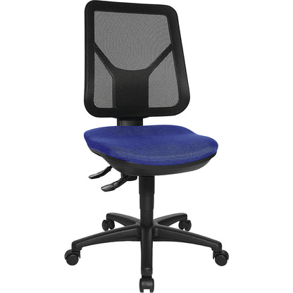 Ergonomic swivel chair, mesh back rest, royal blue.