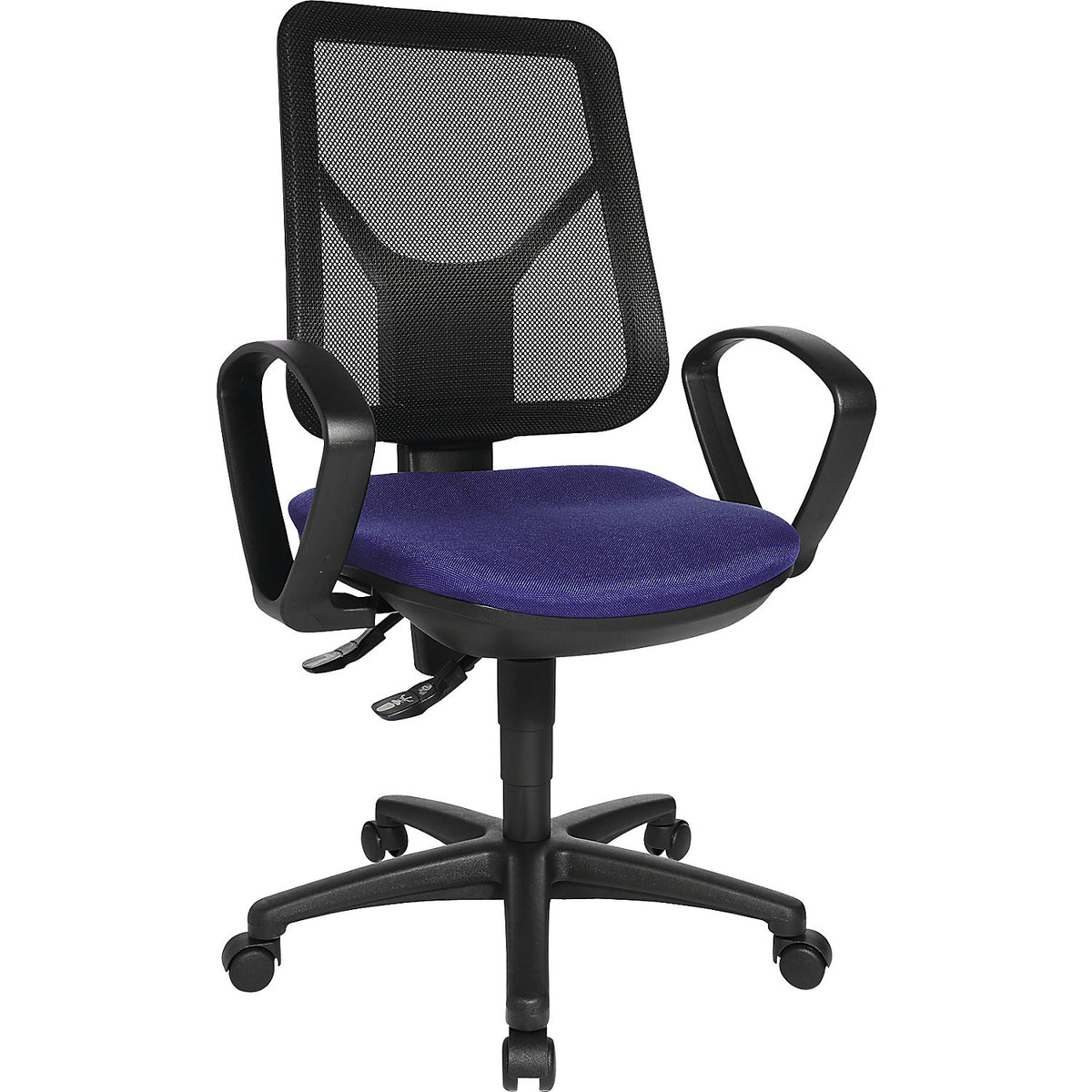Ergonomic swivel chair, mesh back rest, royal blue.