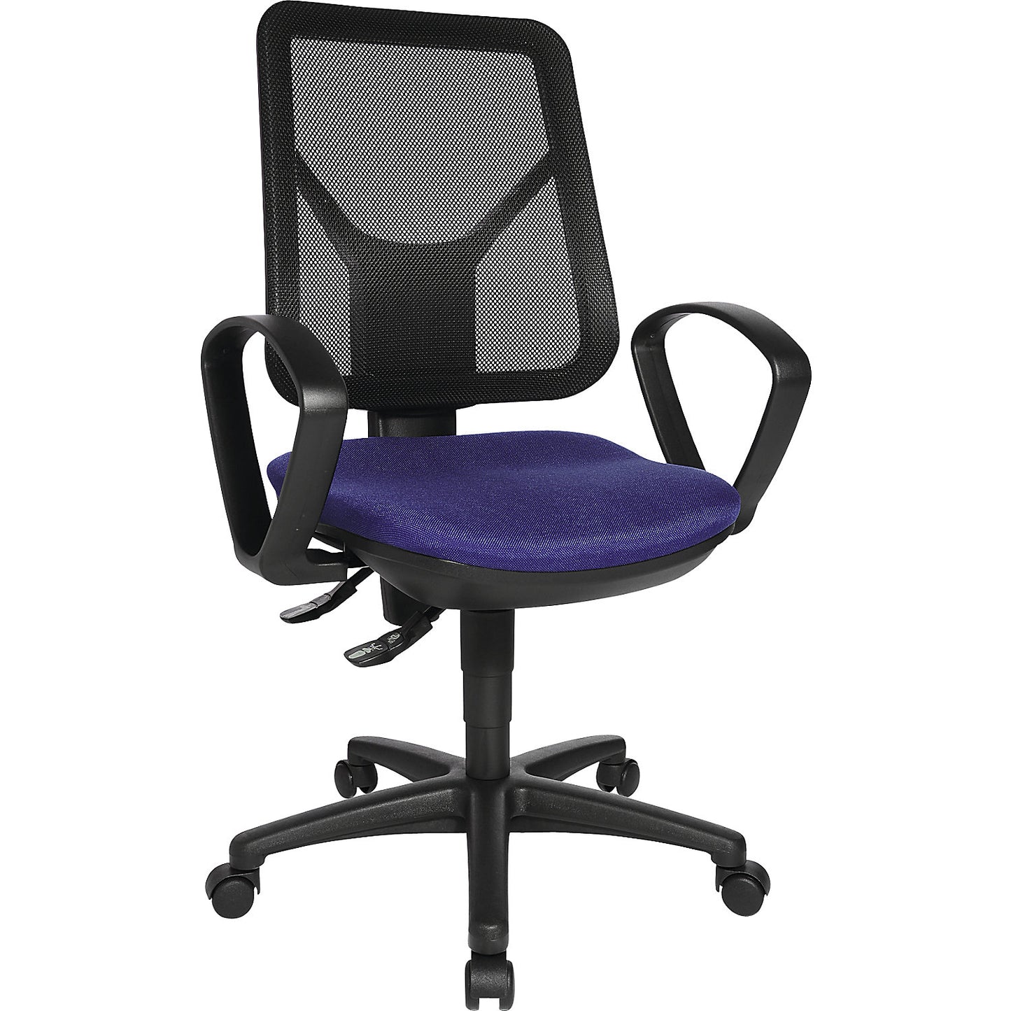 Ergonomic swivel chair, mesh back rest, royal blue.