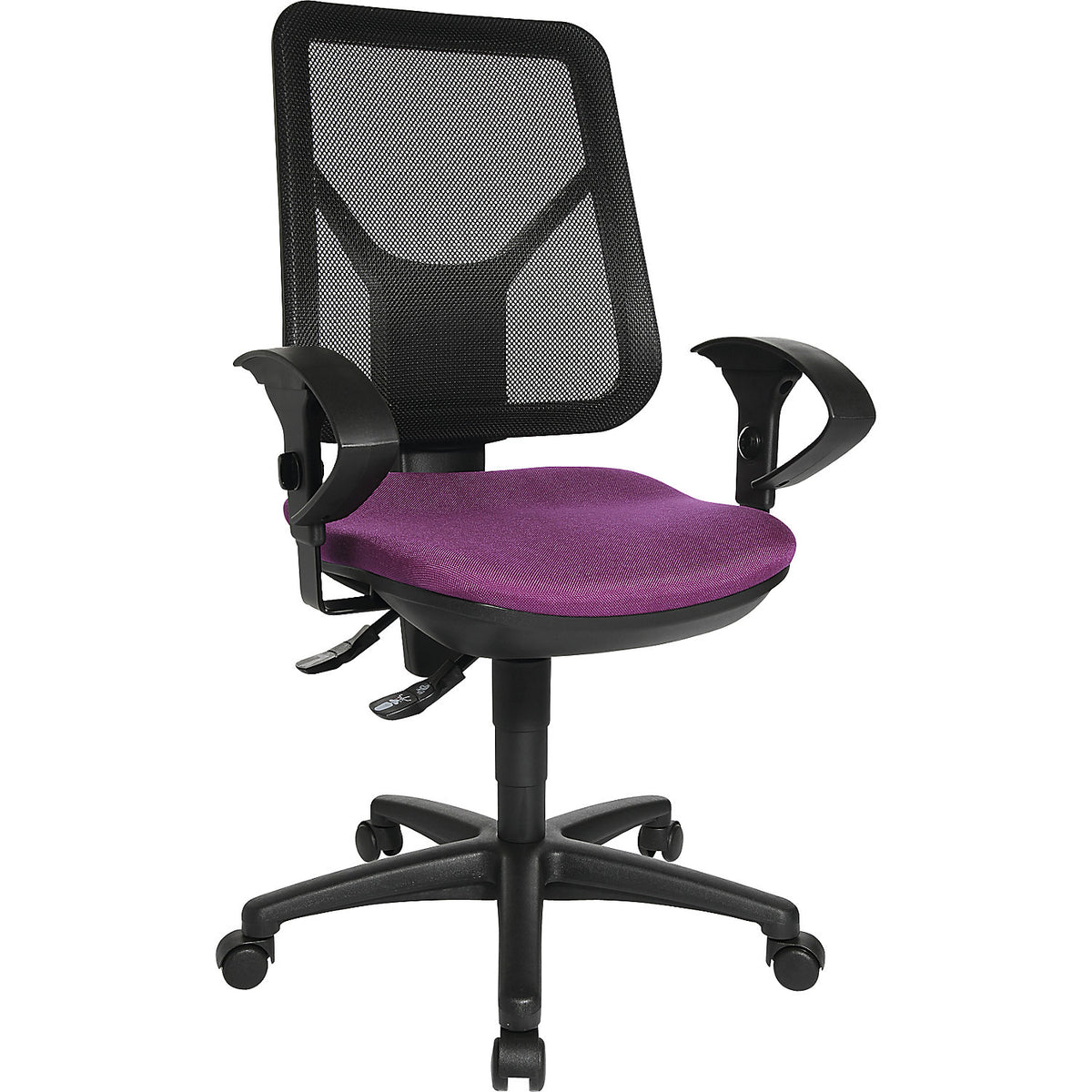 Ergonomic swivel chair, mesh back rest, purple.