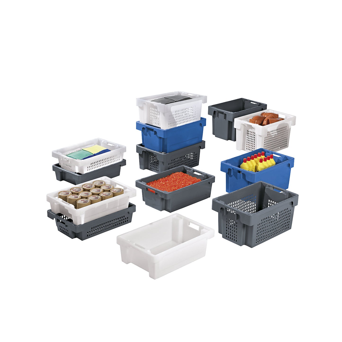 Stack/nest container made of HDPE, capacity 50 l, perforated walls and base, natural white.