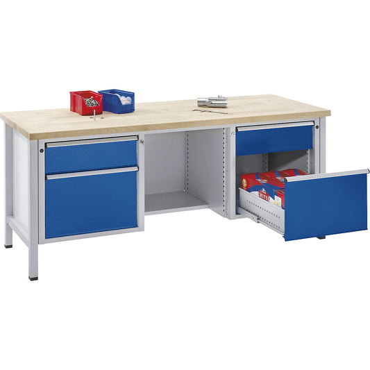 Workbench, Series V frame construction, drawers 2 x 180 mm, 2 x 360 mm, ½ shelf, solid beech, full extension.