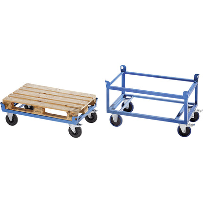 Steel dolly, for Euro pallets, with centre stop, loading height 650 mm.
