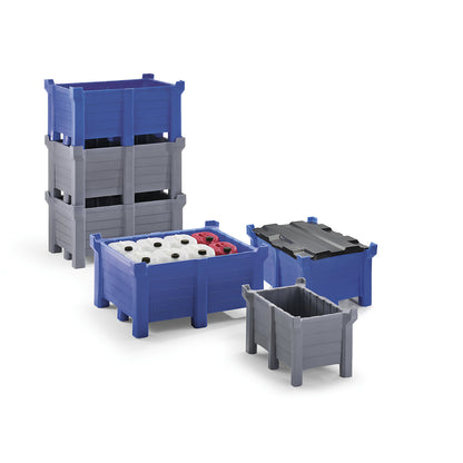 Polyethylene transport and stacking container, max. stacking load 2500 kg, LxW 1200 x 800 mm, grey.