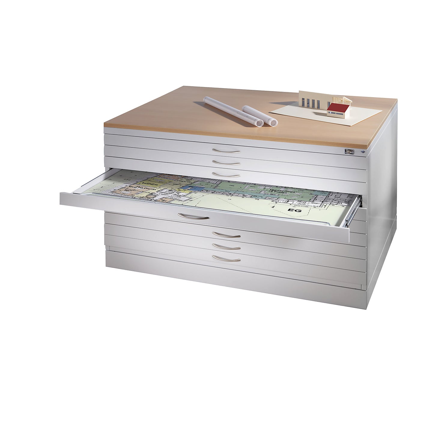 Drawing cabinet, A0, 10 drawers, height 760 mm, light grey / gentian blue.