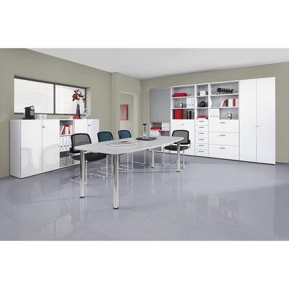 Conference table, frame with round tubular legs, for 8 people, white.