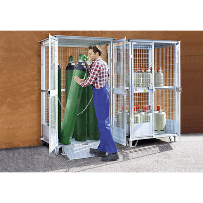 Gas cylinder storage, HxWxD 2100 x 1235 x 1070 mm, with fixed intermediate shelf.