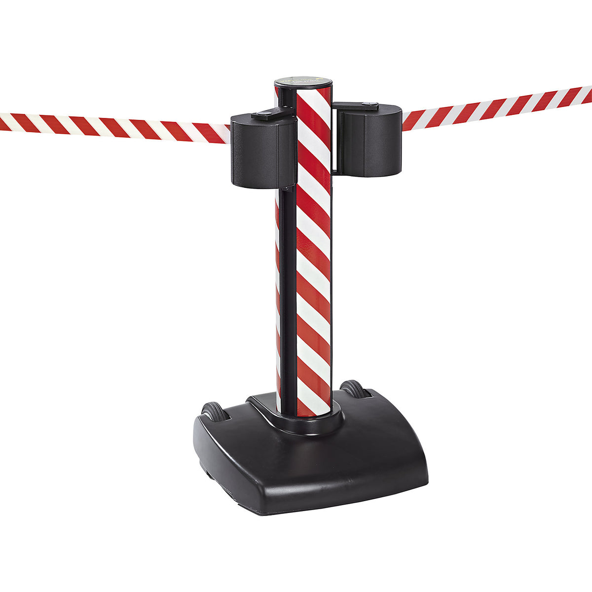 Belt barrier, mobile, with 2 x 22 m belts, red / white belt.