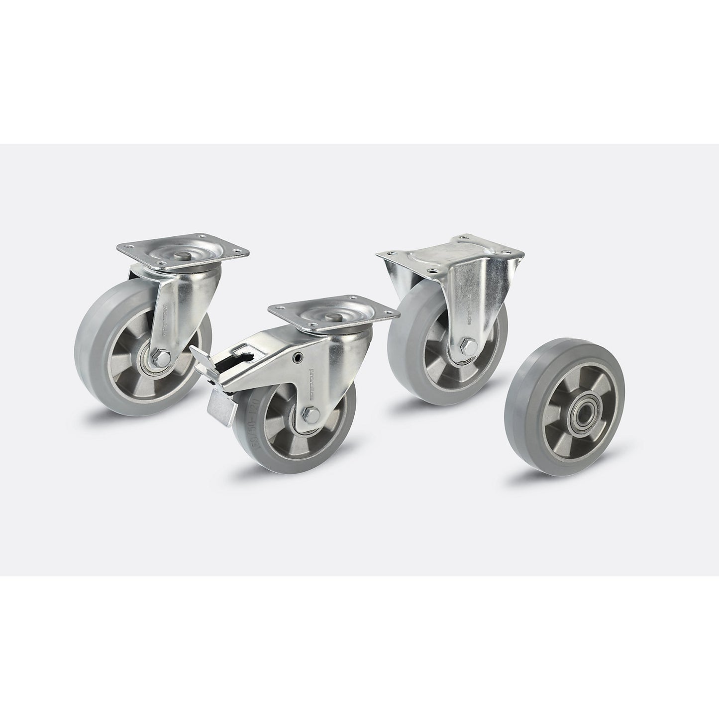 Elastic solid rubber tyre, grey, wheel Ø x width 200 x 50 mm, swivel castor with double stop.